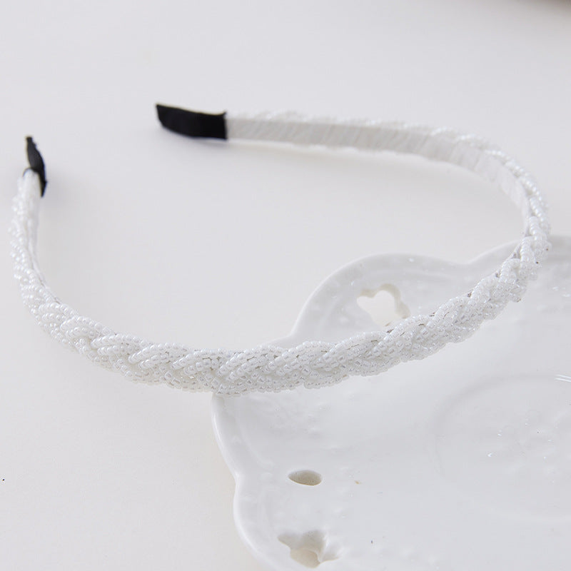Slim Braided Beaded Headband - White