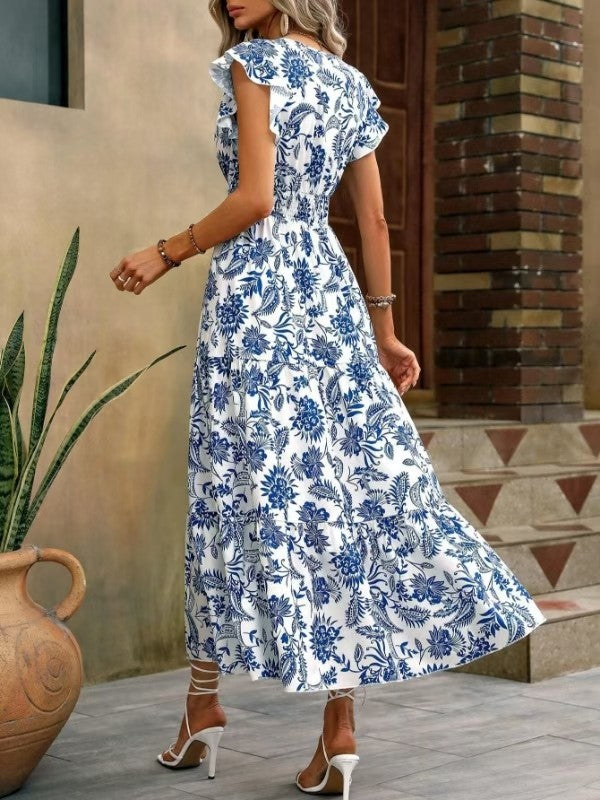 Floral Button Front Tiered Maxi Sundress - Blue - 2