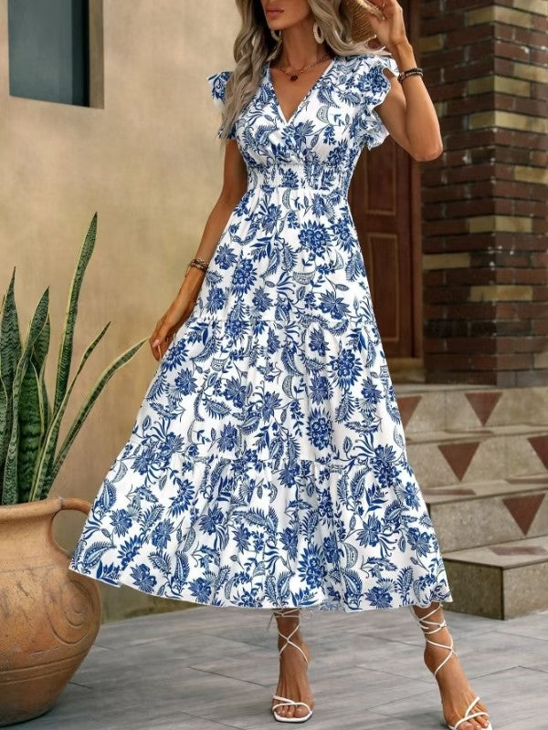 Floral Button Front Tiered Maxi Sundress - Blue - 3