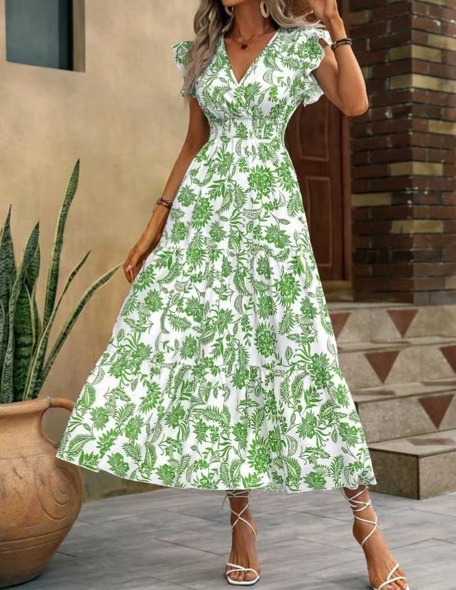 Floral Button Front Tiered Maxi Sundress - Green