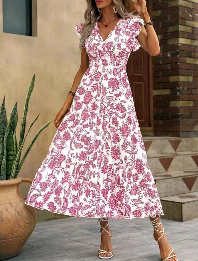 Floral Button Front Tiered Maxi Sundress - Pink