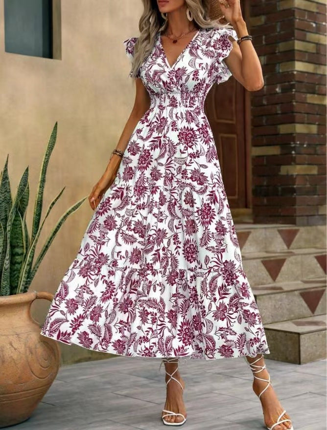 Floral Button Front Tiered Maxi Sundress - Red