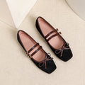 Faux Suede Double Strap Bow Mary Jane Flats - Black