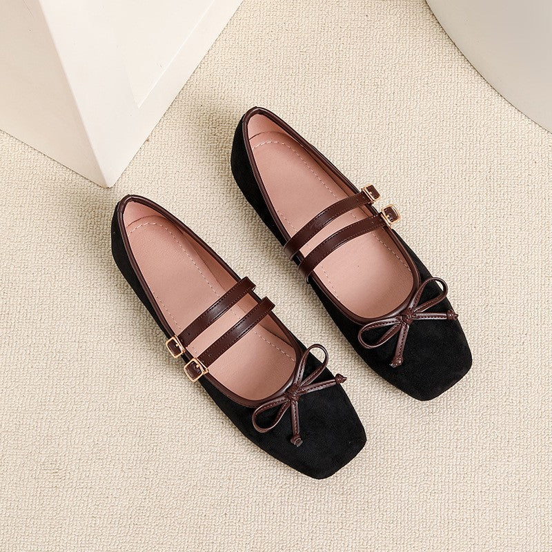 Faux Suede Double Strap Bow Mary Jane Flats - Black
