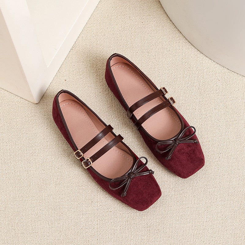 Faux Suede Double Strap Bow Mary Jane Flats - Burgundy