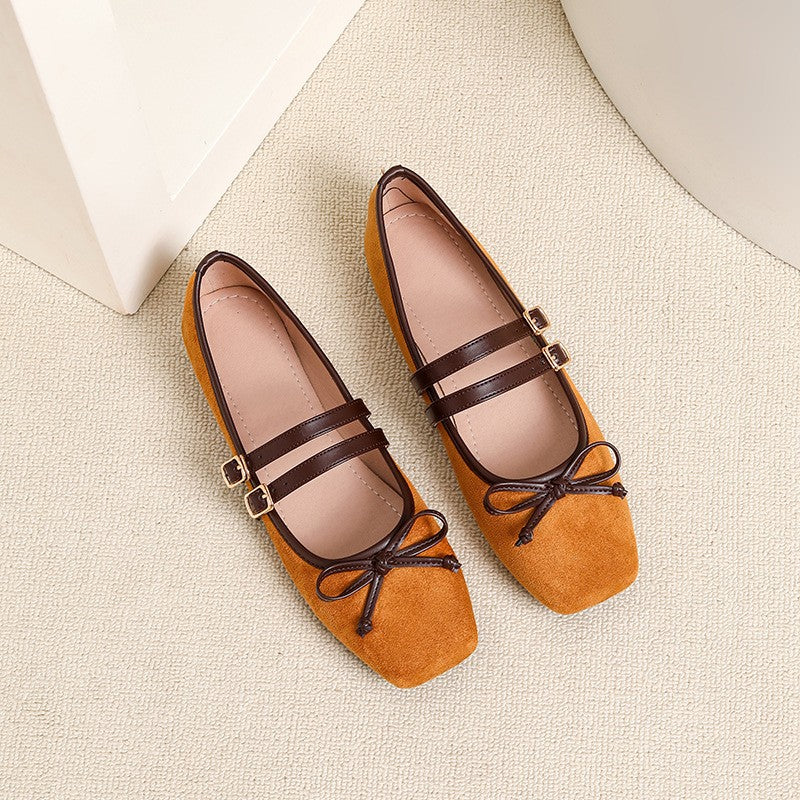 Faux Suede Double Strap Bow Mary Jane Flats - Caramel