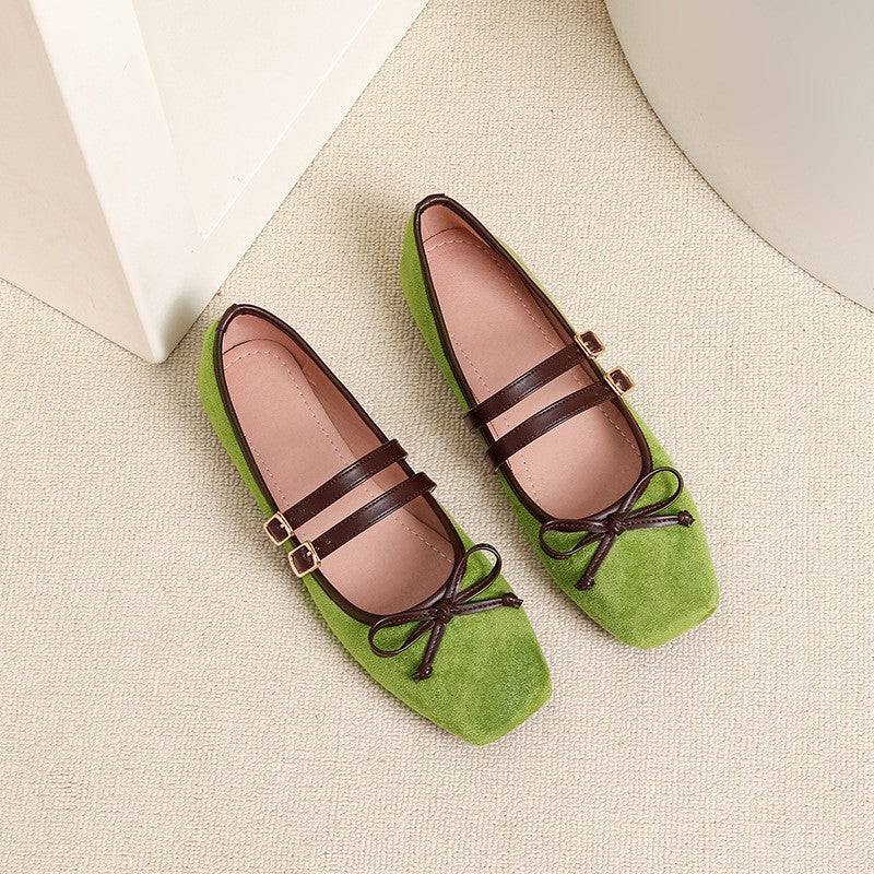 Faux Suede Double Strap Bow Mary Jane Flats - Green