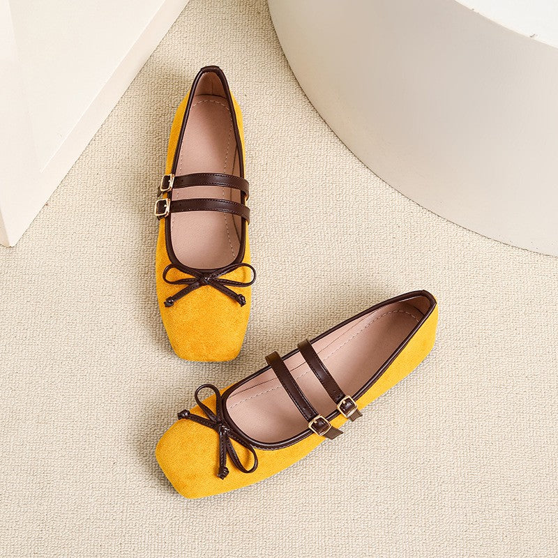 Faux Suede Double Strap Bow Mary Jane Flats