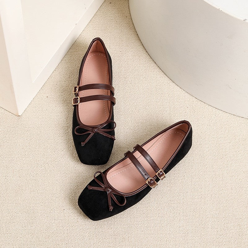 Faux Suede Double Strap Bow Mary Jane Flats