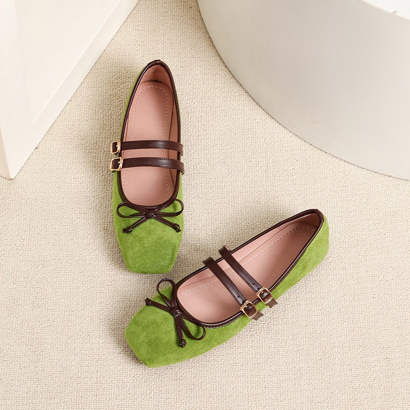 Faux Suede Double Strap Bow Mary Jane Flats