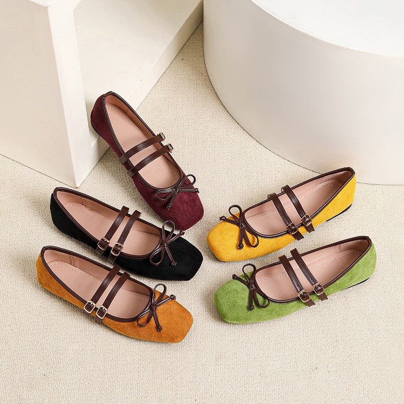 Faux Suede Double Strap Bow Mary Jane Flats