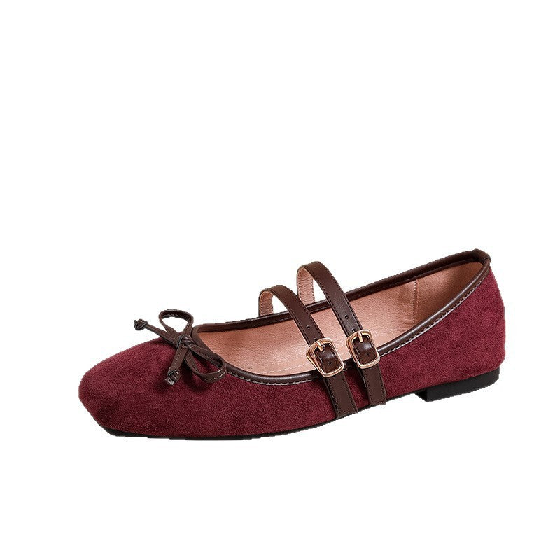 Faux Suede Double Strap Bow Mary Jane Flats