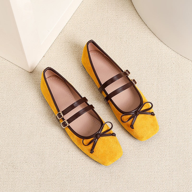 Faux Suede Double Strap Bow Mary Jane Flats