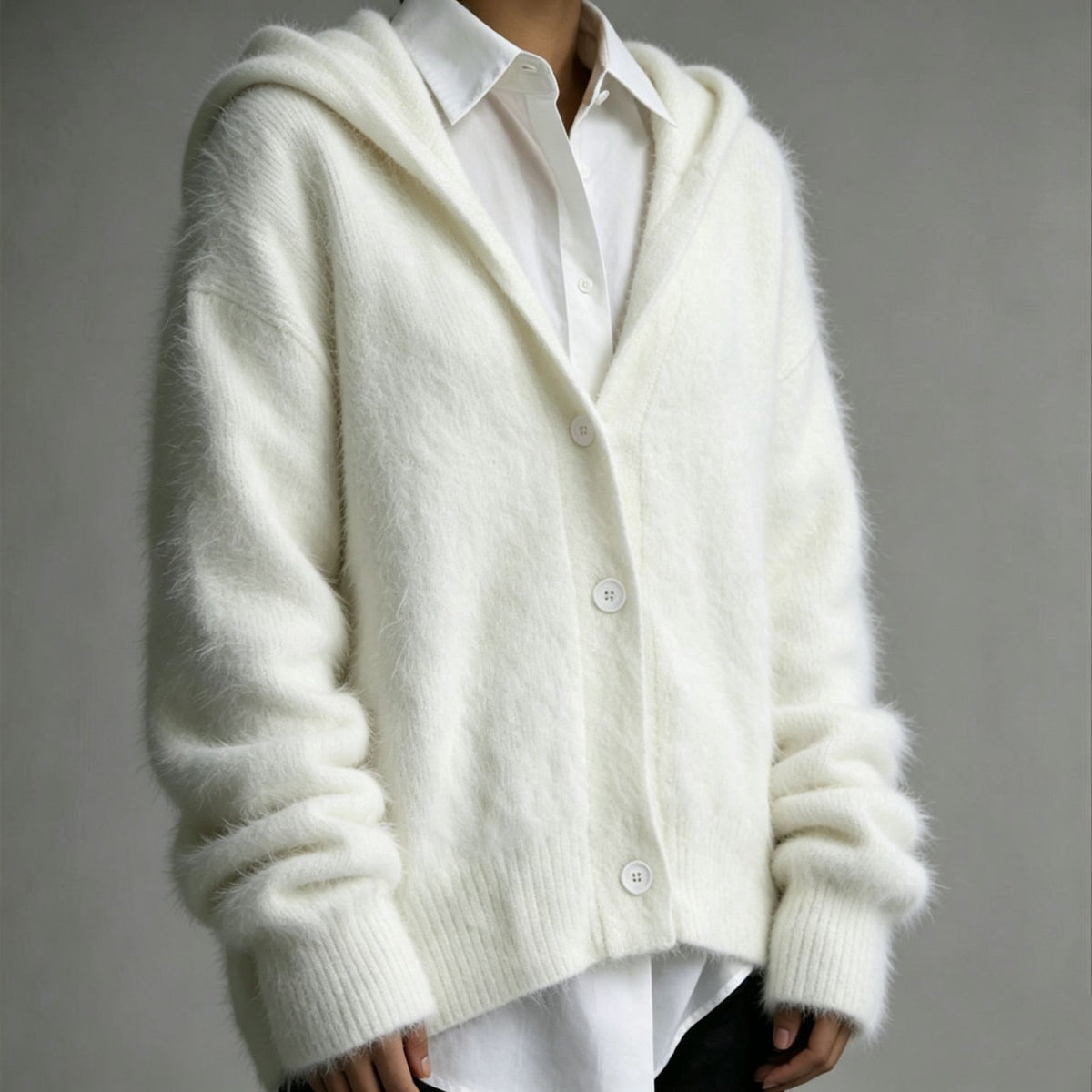 Brushed Hooded Oversized Knit Cardigan - White