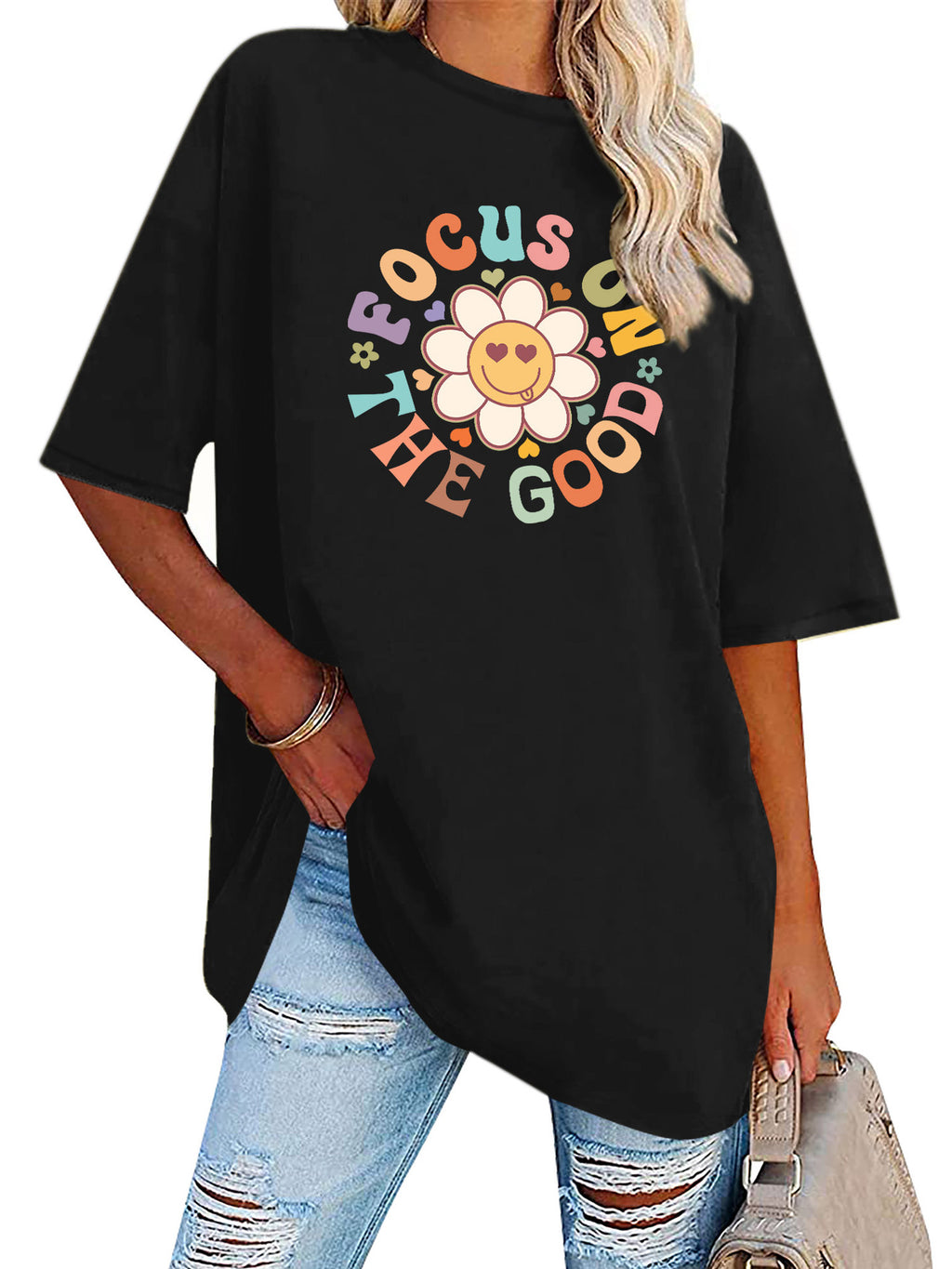 Smiley Daisy Slogan Oversized Tunic Tee - Black