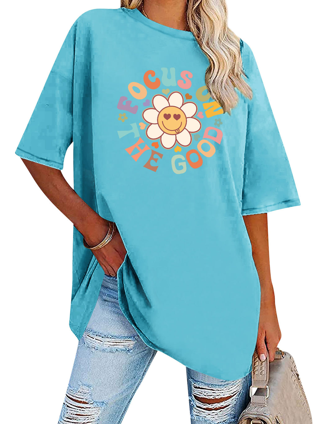 Smiley Daisy Slogan Oversized Tunic Tee - Blue