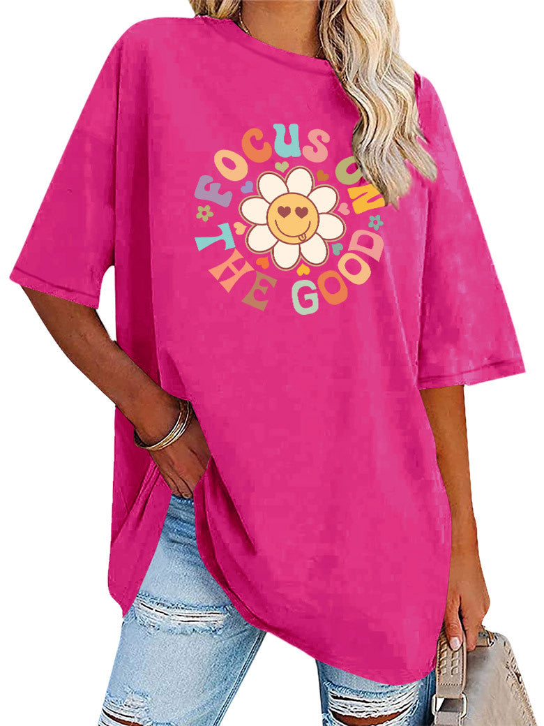 Smiley Daisy Slogan Oversized Tunic Tee - Fuchsia