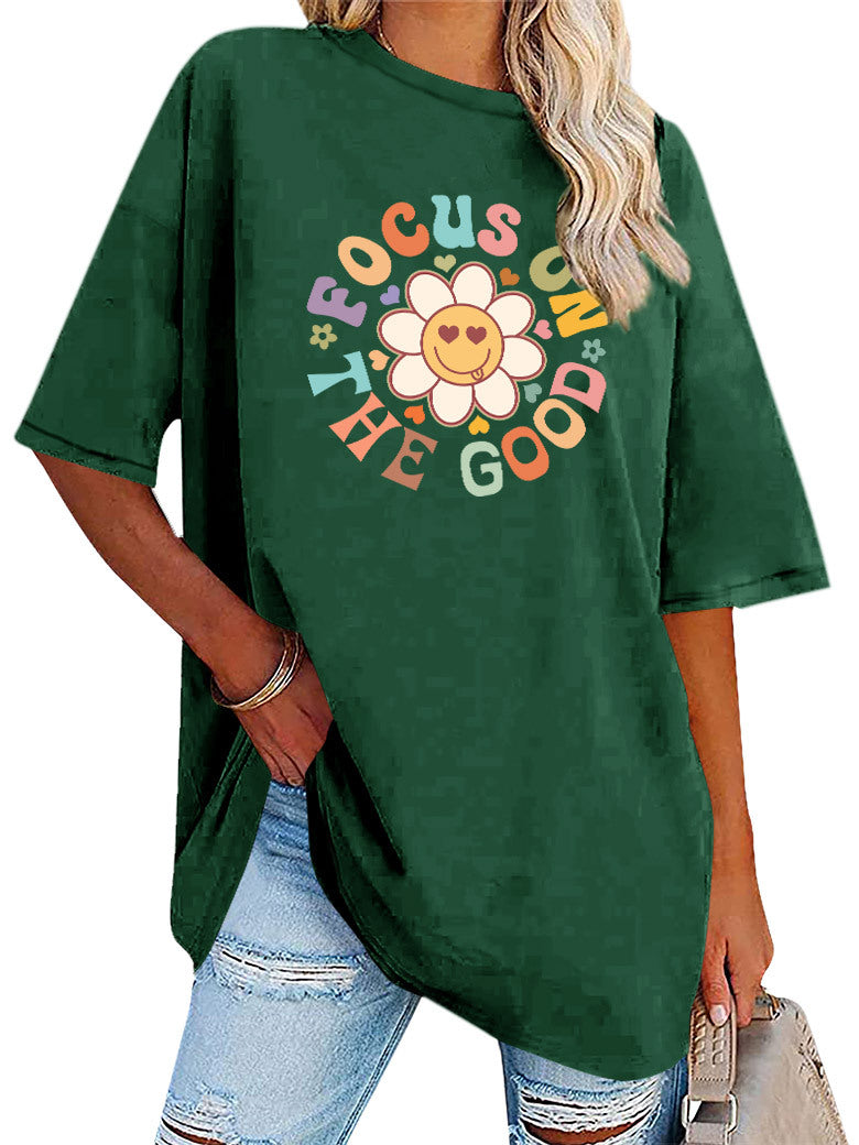 Smiley Daisy Slogan Oversized Tunic Tee - Green