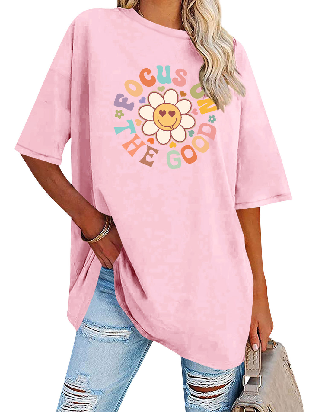 Smiley Daisy Slogan Oversized Tunic Tee - Pink