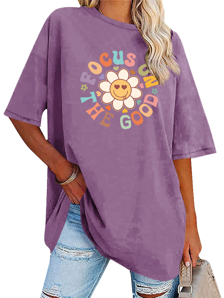 Smiley Daisy Slogan Oversized Tunic Tee - Purple