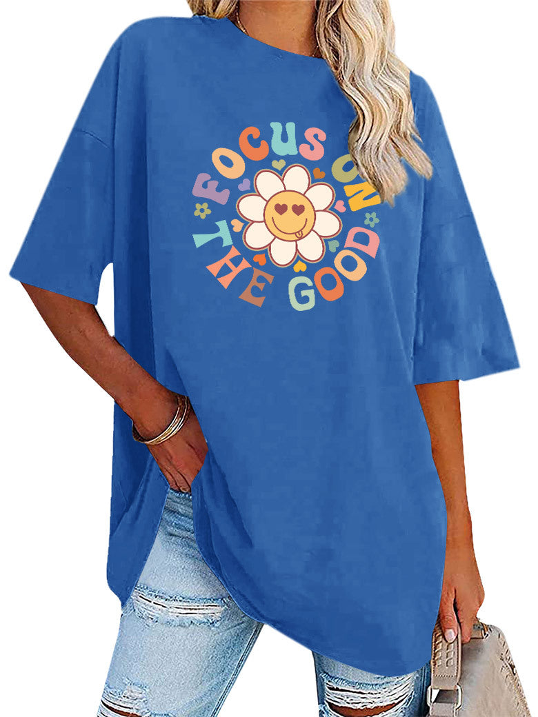 Smiley Daisy Slogan Oversized Tunic Tee - Royal