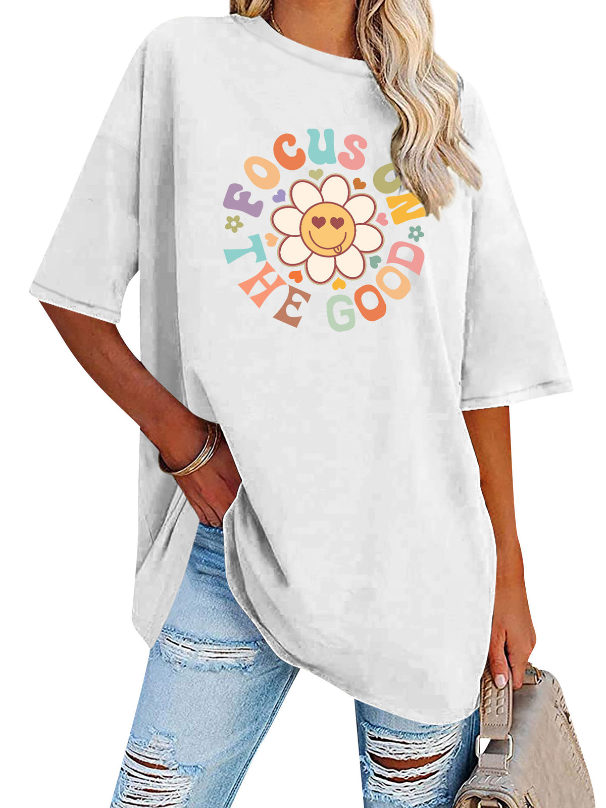 Smiley Daisy Slogan Oversized Tunic Tee - White