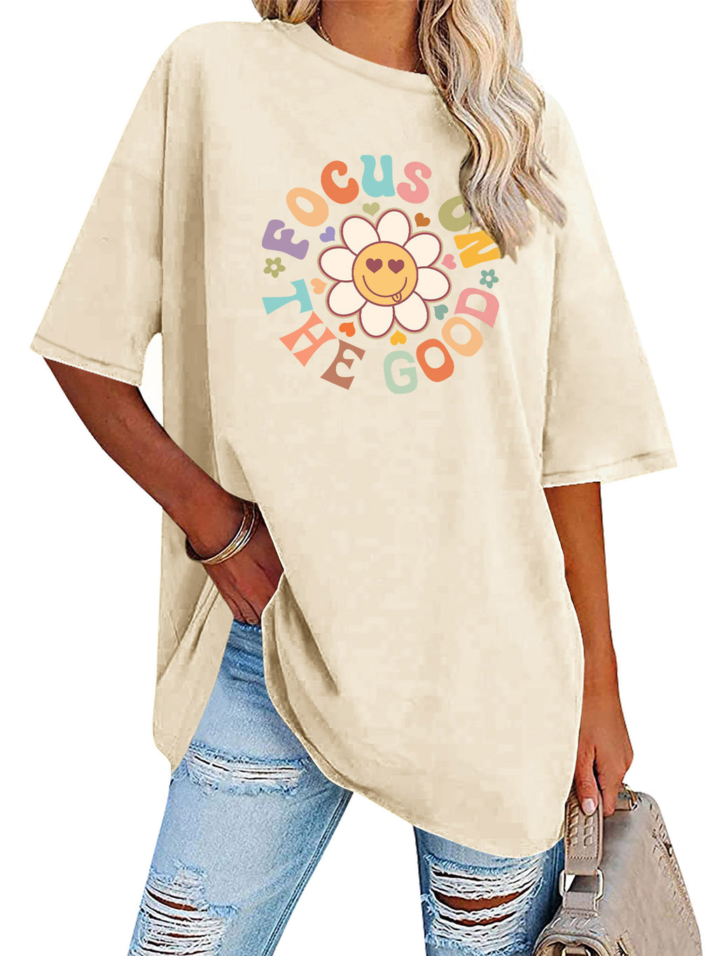Smiley Daisy Slogan Oversized Tunic Tee - Yellow