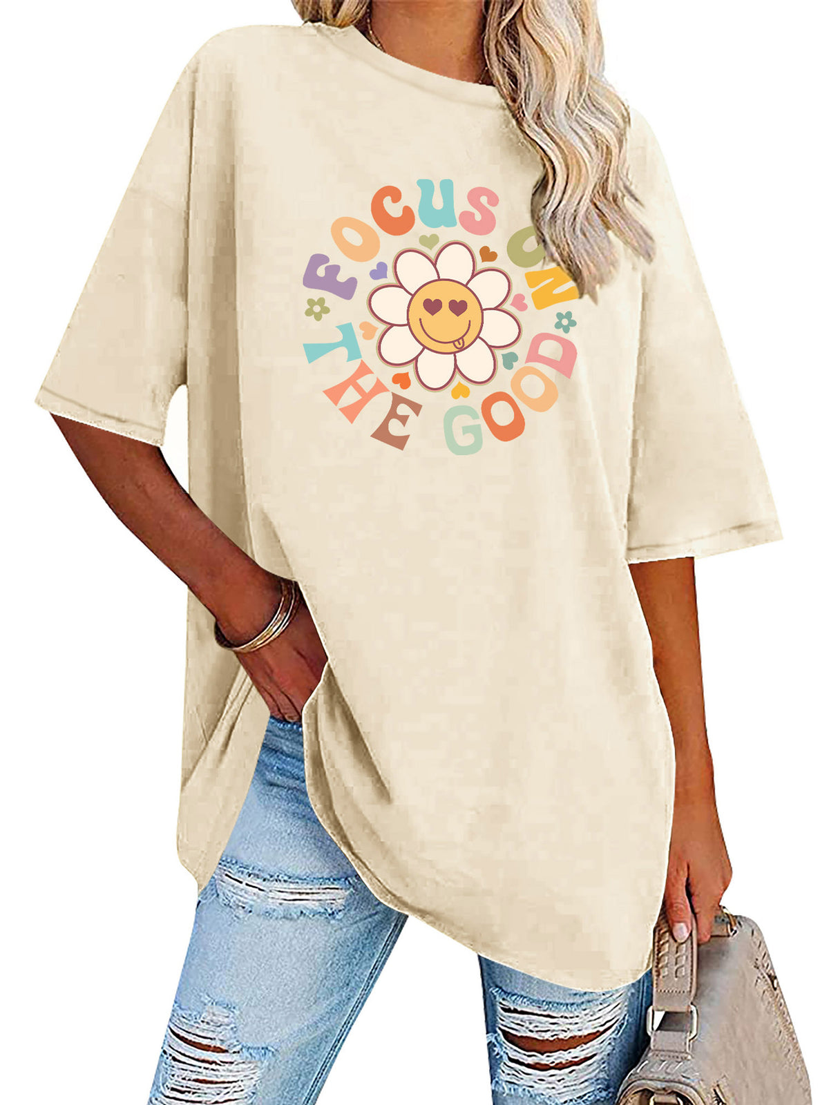 Smiley Daisy Slogan Oversized Tunic Tee - Yellow