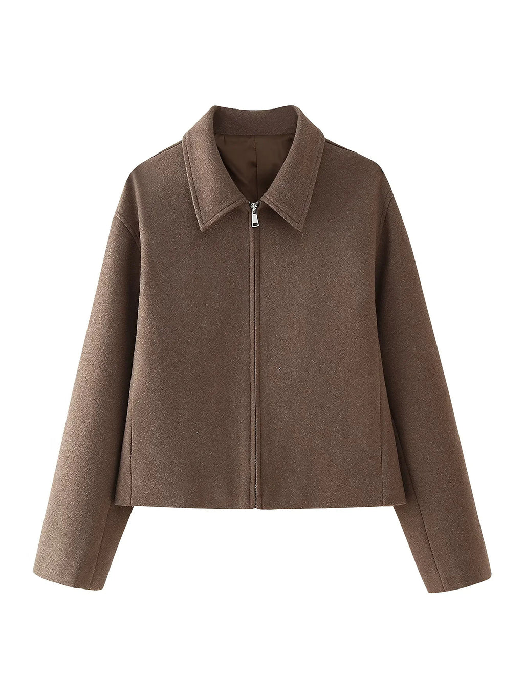 Chocolate Wool Blend Zip Up Cropped Jacket - Brown
