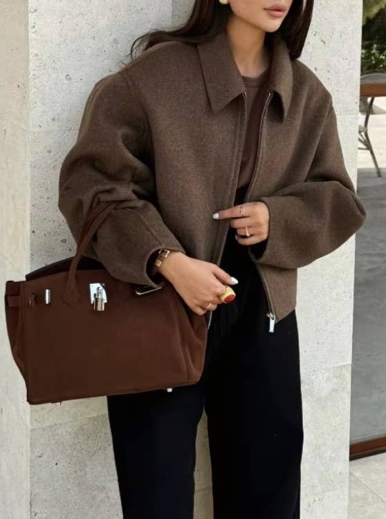 Chocolate Wool Blend Zip Up Cropped Jacket