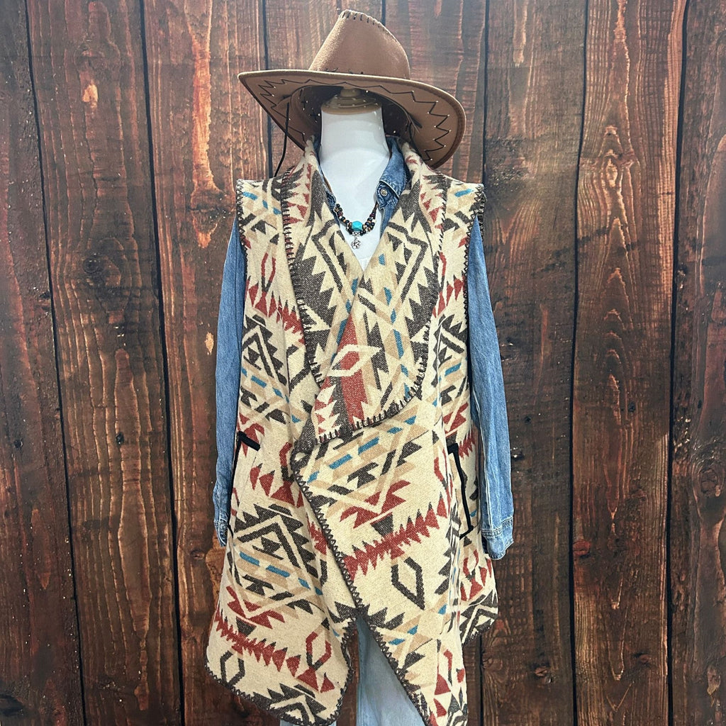 Western Aztec Draped Open Front Cardigan - Beige
