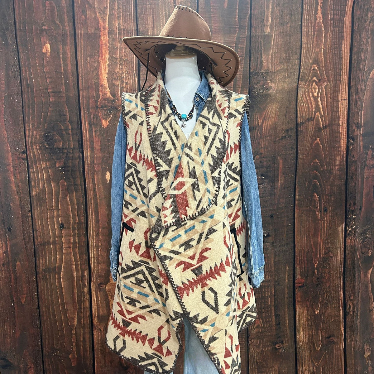 Western Aztec Draped Open Front Cardigan - Beige