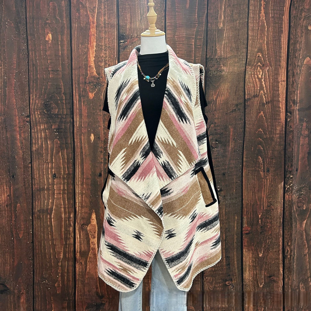 Western Aztec Draped Open Front Cardigan - BeigePink