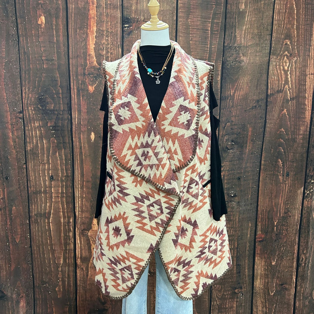 Western Aztec Draped Open Front Cardigan - BeigePurplue
