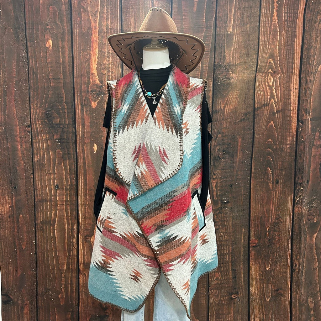 Western Aztec Draped Open Front Cardigan - Blue
