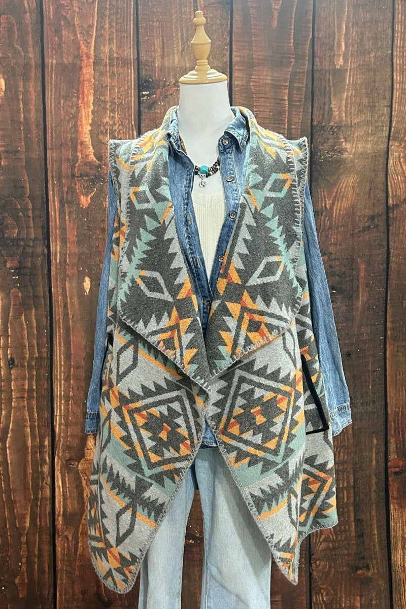 Western Aztec Draped Open Front Cardigan - BlueGrey