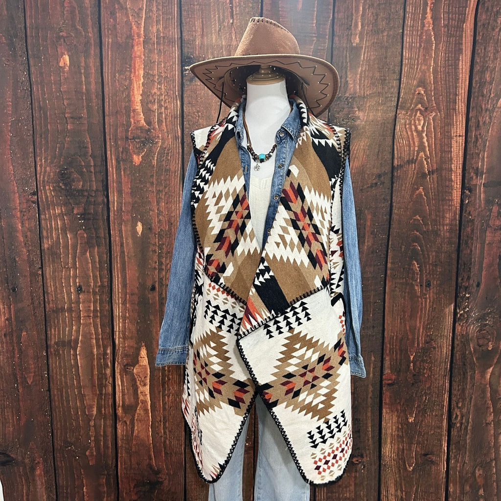 Western Aztec Draped Open Front Cardigan - BrownWhite