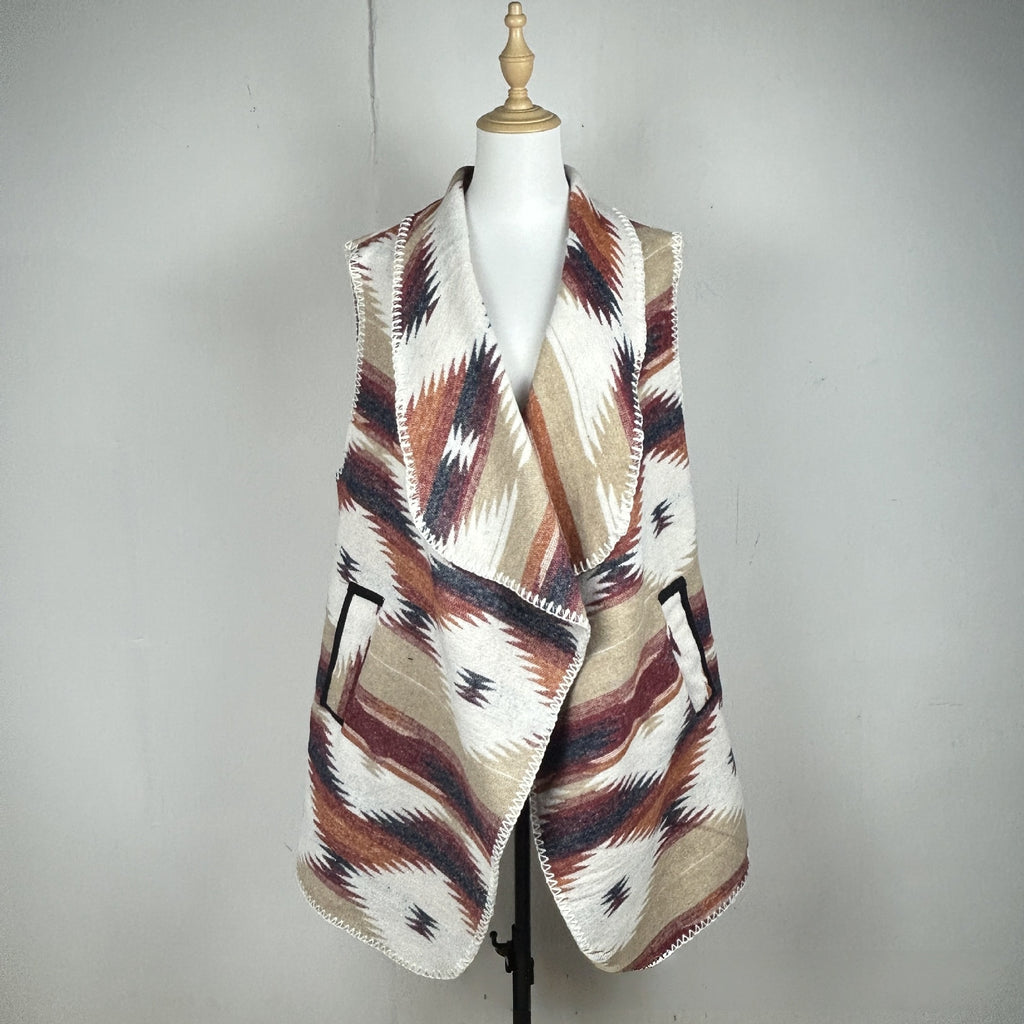 Western Aztec Draped Open Front Cardigan - DarkRed