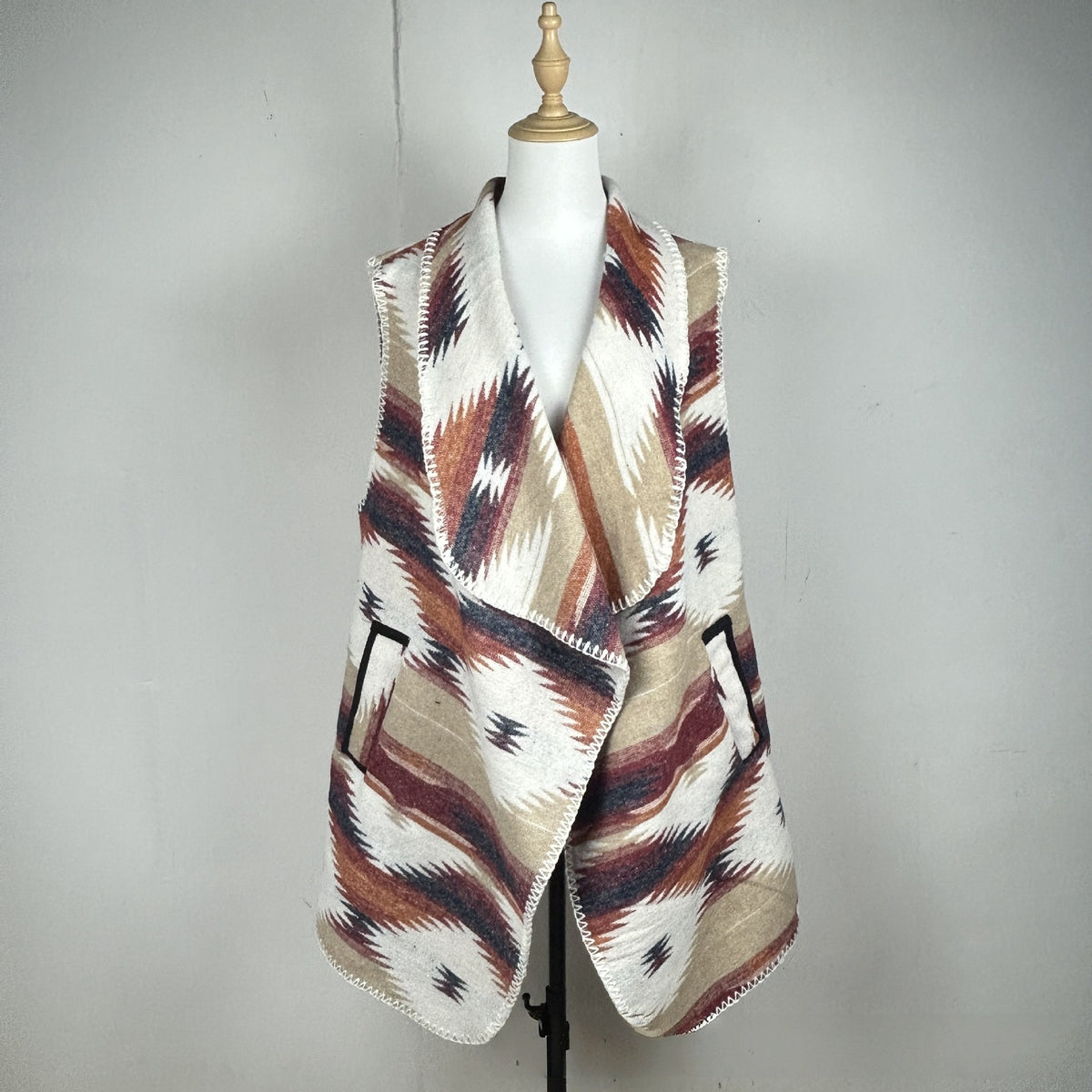 Western Aztec Draped Open Front Cardigan - DarkRed