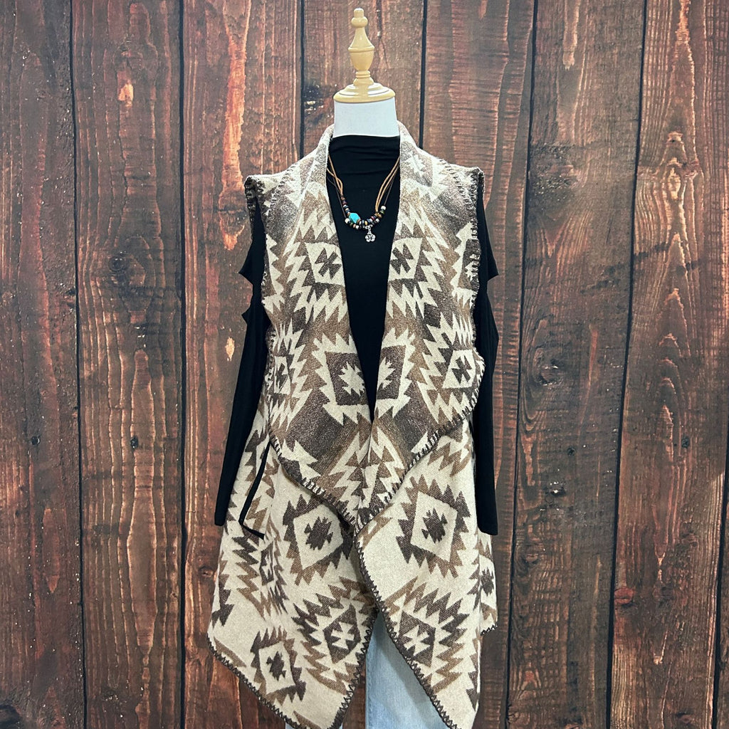 Western Aztec Draped Open Front Cardigan - Khaki