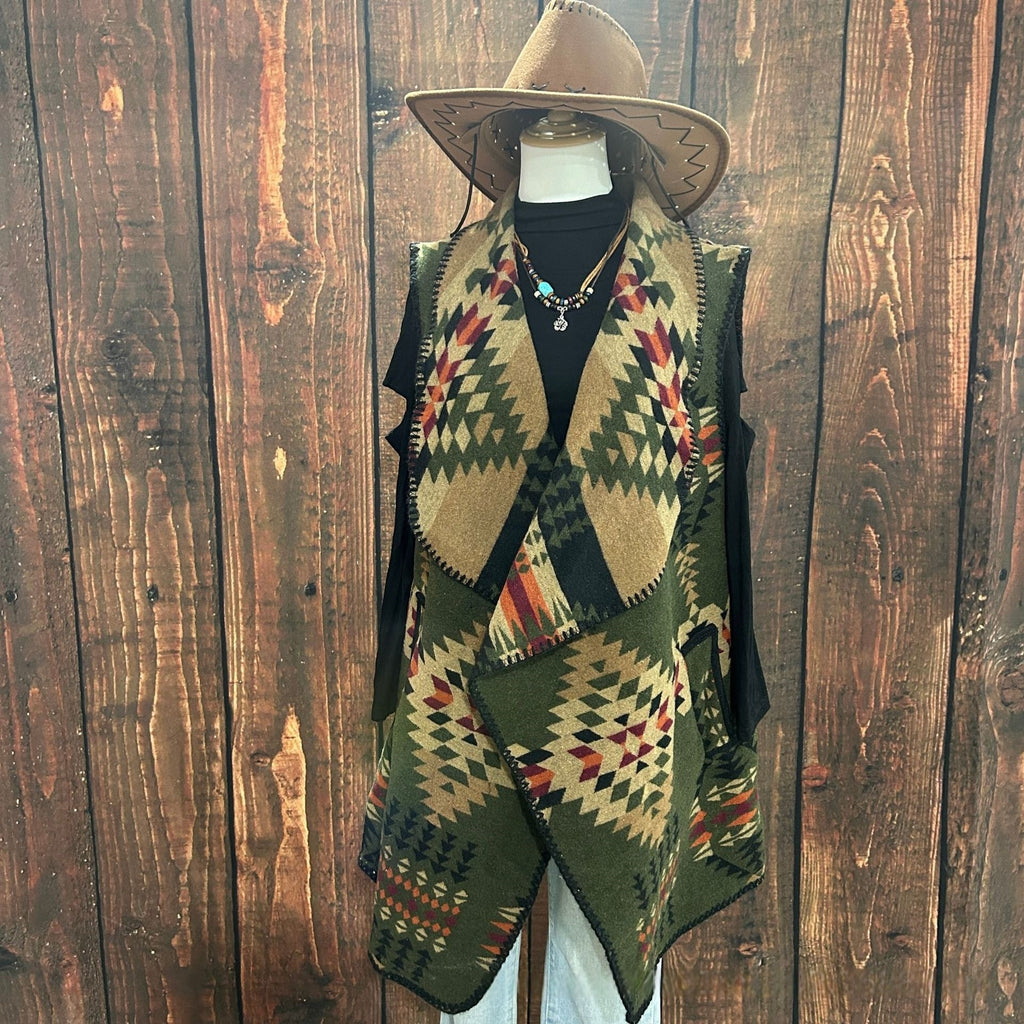 Western Aztec Draped Open Front Cardigan - Olive