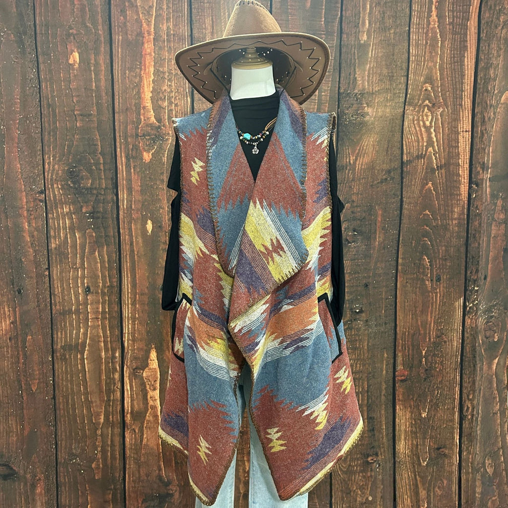 Western Aztec Draped Open Front Cardigan - Rust