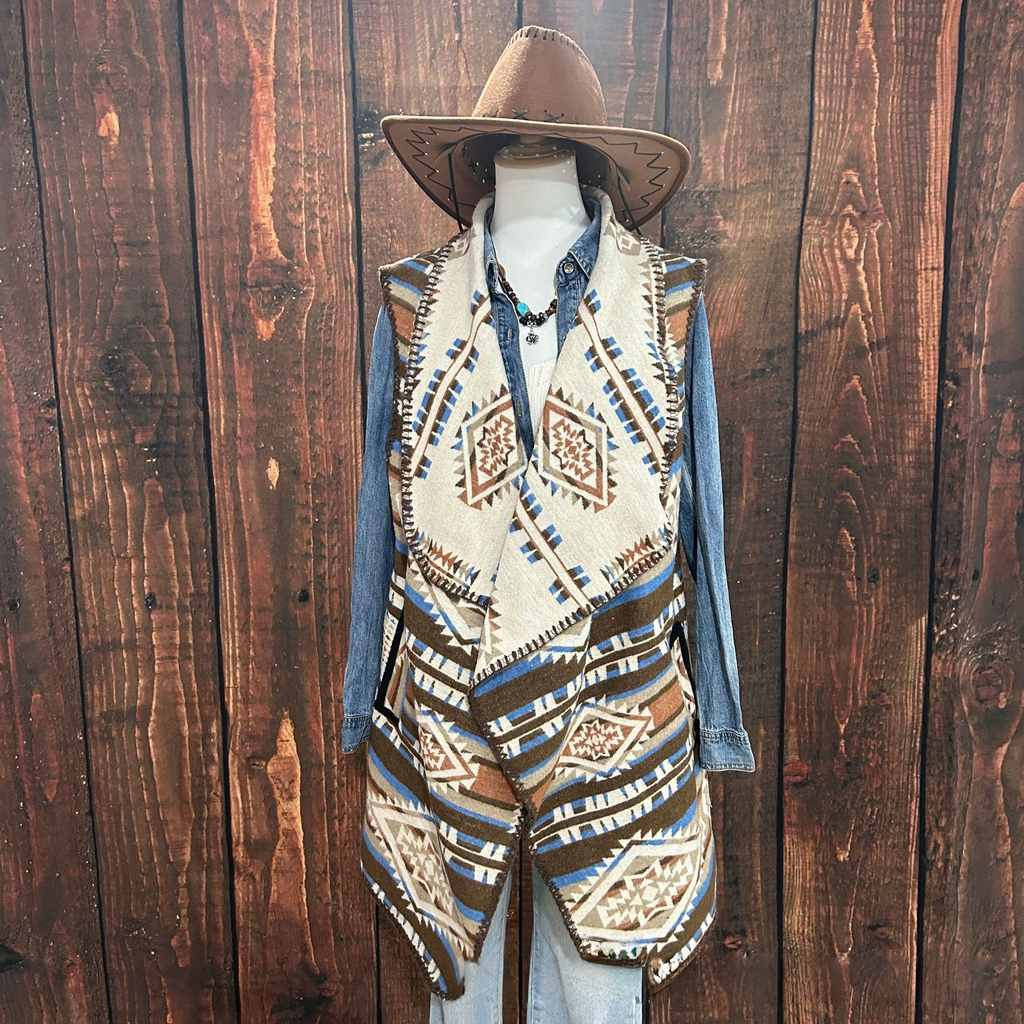 Western Aztec Draped Open Front Cardigan - TanBrown