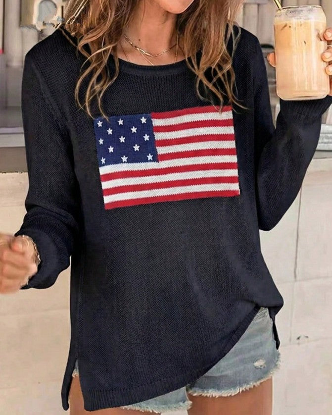 Patriotic Flag Slit Hem Knit Sweater - Black