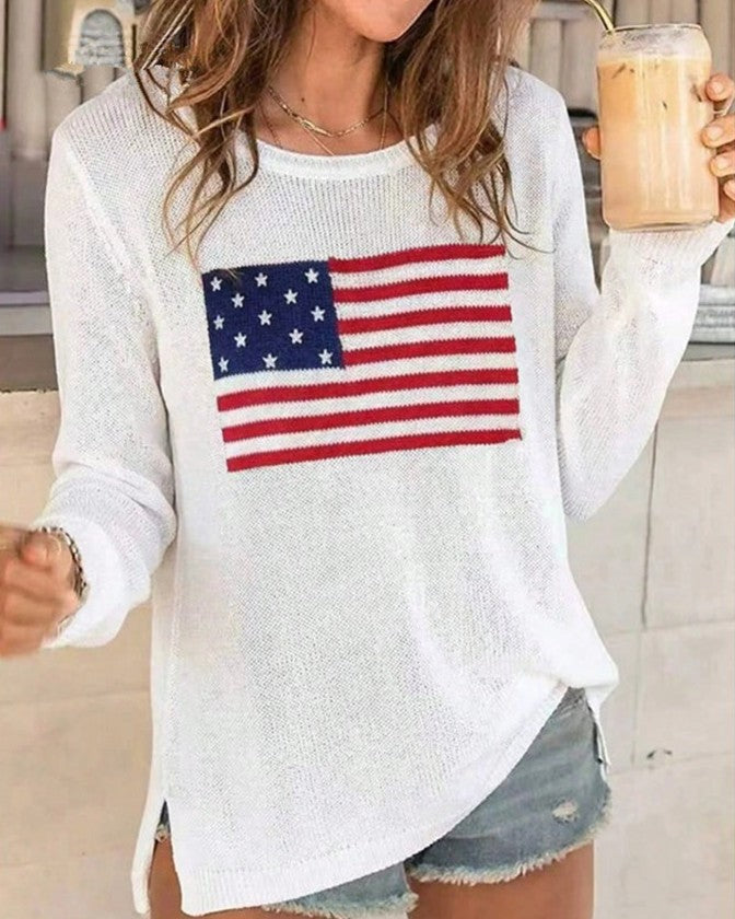 Patriotic Flag Slit Hem Knit Sweater - White - 1