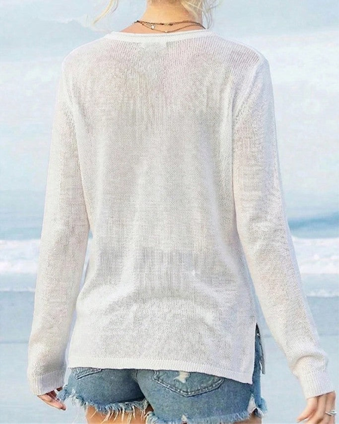 Patriotic Flag Slit Hem Knit Sweater - White - 2