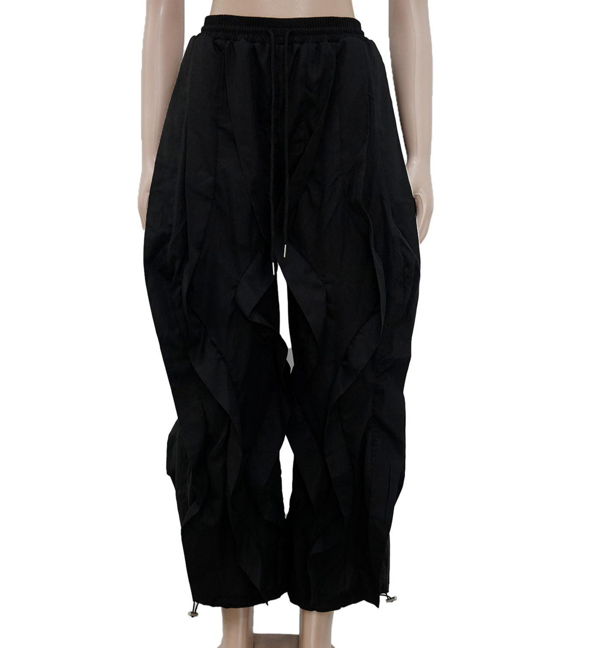 Y2K Ruched Baggy Parachute Pants - Black