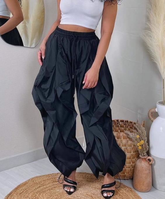 Y2K Ruched Baggy Parachute Pants - Black - 2