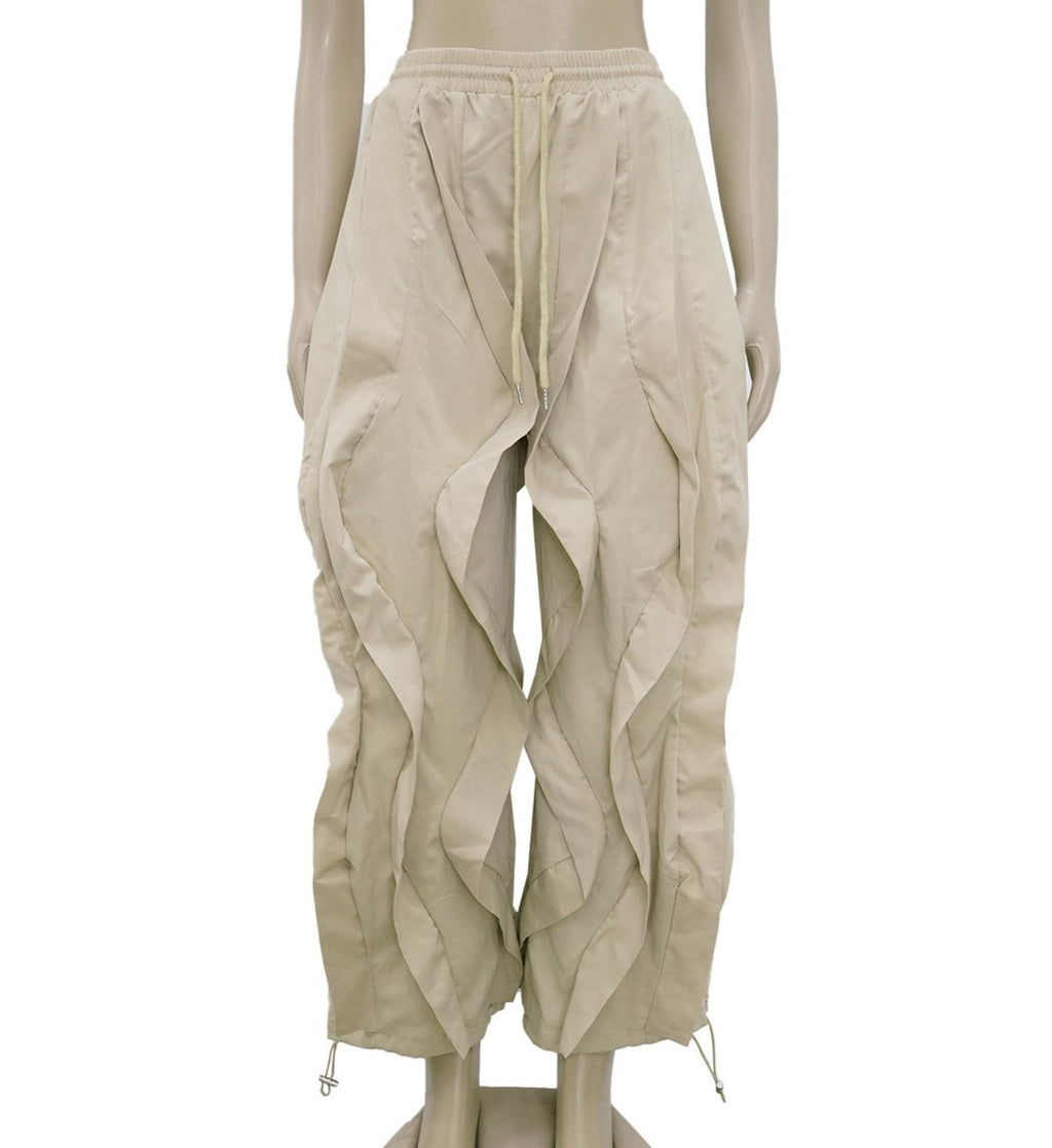 Y2K Ruched Baggy Parachute Pants - Khaki