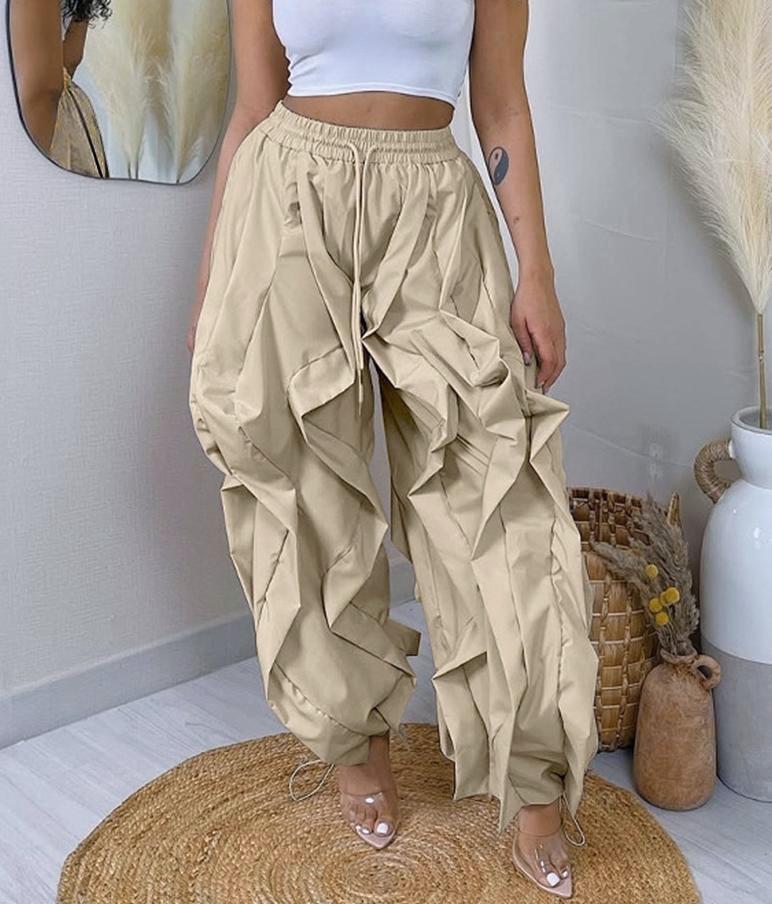 Y2K Ruched Baggy Parachute Pants - Khaki - 4